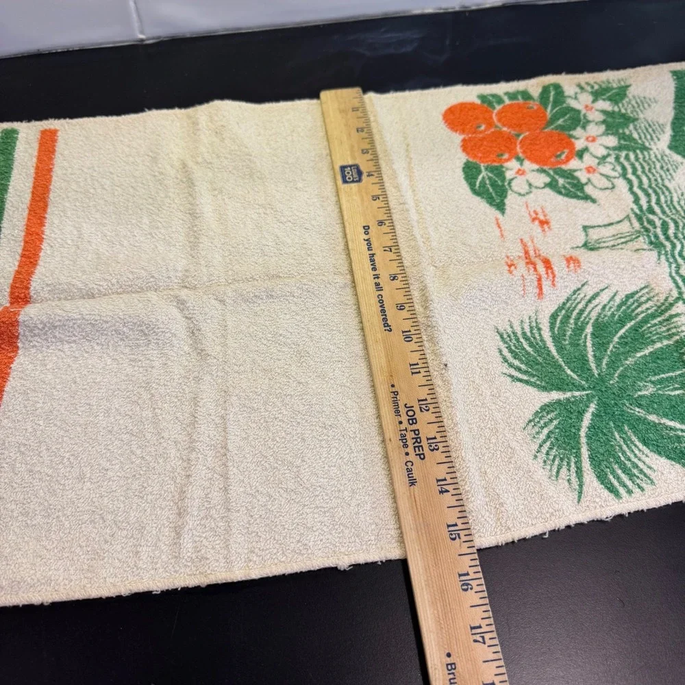Vintage Florida Souvenir Hand Towel Cream Green Orange Palm Trees Oranges Retro